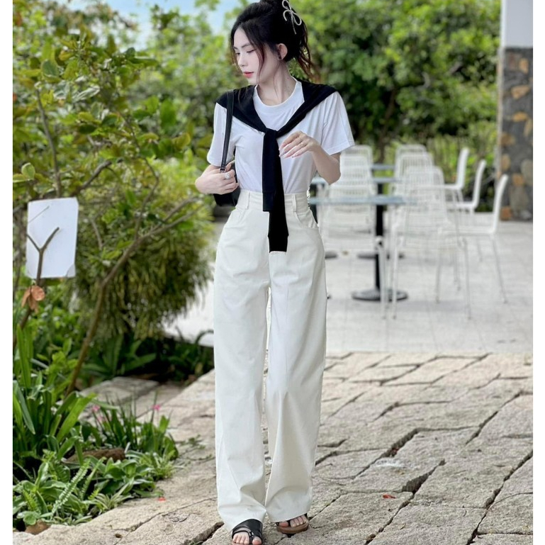 Sét bộ thời trang nữ, sét áo tăm tay ngắn cổ tròn kèm khắn choàng cổ phối quần kaki trắng ống suông thanh lịch, công sở