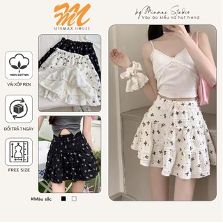 Chân váy ngắn xoè nhún bèo có lót quần trong, Chân váy bèo nữ vải thun xốp in nơ xinh cạp chun-BR49