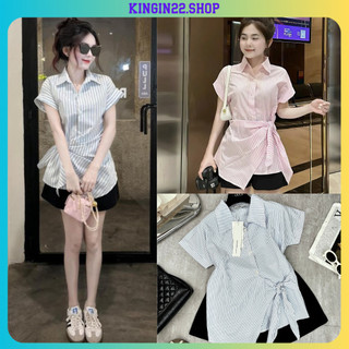 Set đồ nữ sang chảnh - Áo sơ mi buộc nơ chéo eo mix với quần short đen chất đũi QC nặng động, cá tính Kingin G138