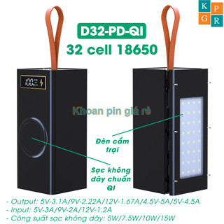 Box sạc dự phòng 32 cell 18650 (D32-PD-QI) sạc nhanh 22.5W - Qi 15W có lò xo