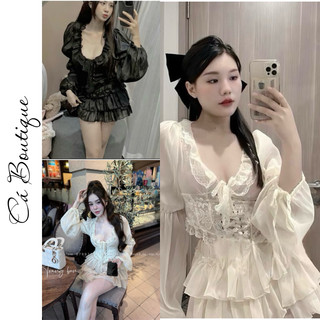 Set áo voan bèo ren dây đan mix chân váy tơ tầng
