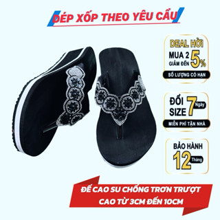  Dép xốp nữ xỏ ngón quai kẹp đính đá đế cao su cứng chống trơn trượt cao thấp đa dạng màu đen viền trắng 