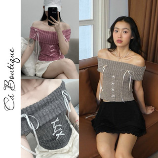 Áo trễ vai nữ tính chất len lông mềm mix nơ xinh, áo nữ trễ vai xinh xắn