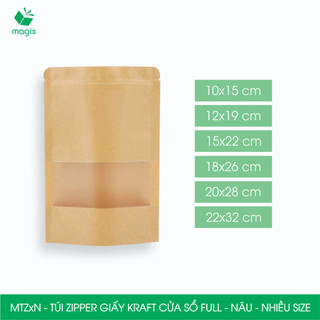 MTZxN - 25 túi zipper Kraft nâu đựng thực phẩm - Nhiều size - Túi zip cửa sổ, túi đựng thức ăn