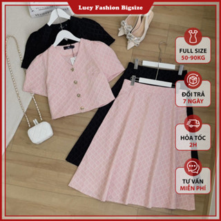Set đồ bộ bigsize nữ dự tiệc đi chơi sang chảnh kiểu cổ tim chất liệu gấm nổi cao cấp 50-90kg - LUCY Bigsize (CT23-256)