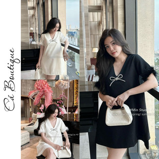 Đầm dạ babydoll nơ đính đá, đầm suông tiểu thư chất dạ cổ chữ V nơ đá - Hana Dress