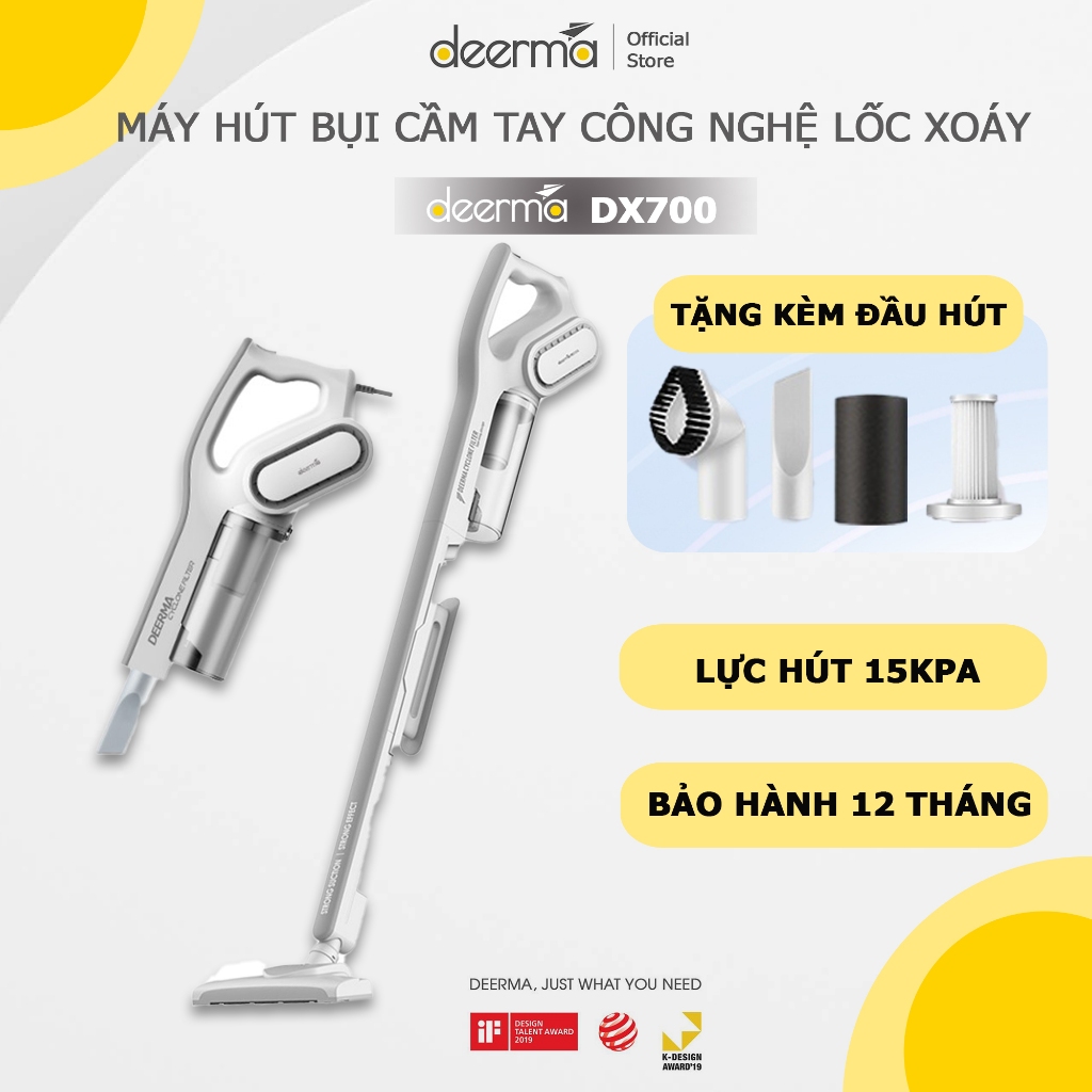 Máy hút bụi cầm tay Deerma DX700, DX700S lực hút 15000Pa kèm 3 đầu hút đa năng
