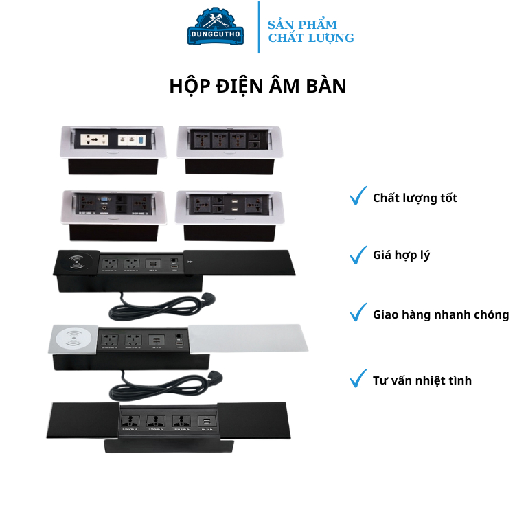 Hộp Điện Âm Bàn Âm Sàn Văn Phòng 2 Ổ Cắm Điện, Ổ Cắm Dây Mạng, Ổ USB, Cổng HDMI, VGA Cho Bàn Họp, Bà