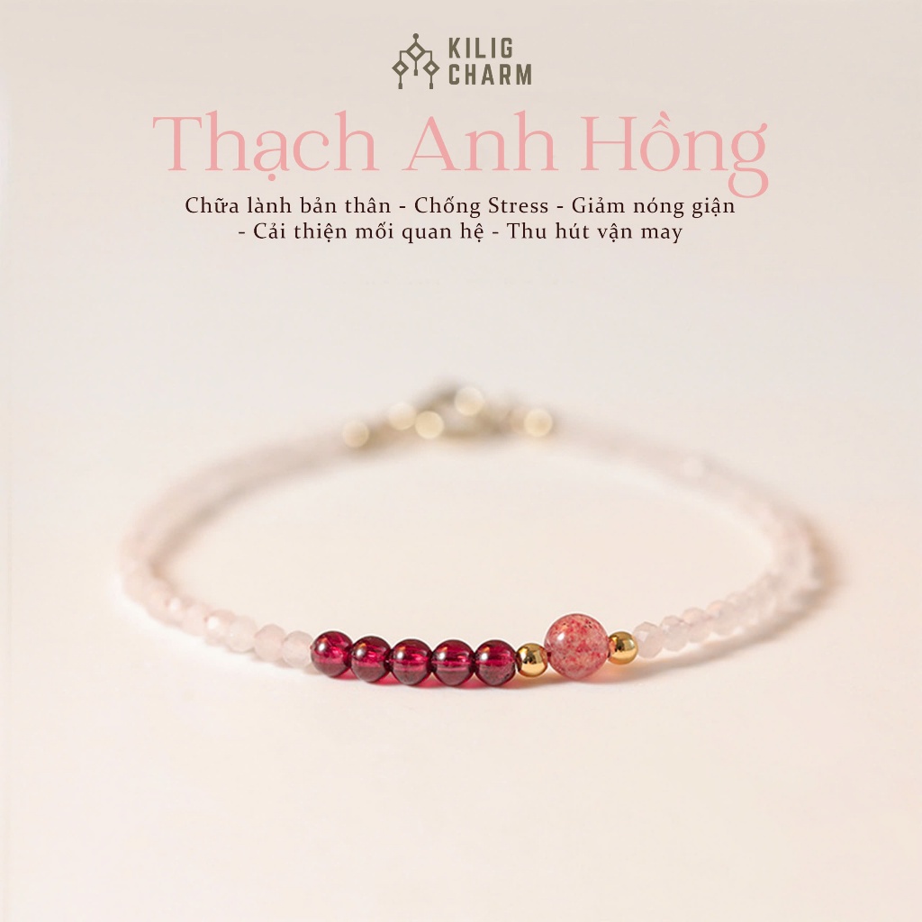 Vòng tay nữ đá thạch anh hồng mix thạch anh dâu và ngọc hồng lựu size mảnh 14cm KC21 - KILIG CHARM