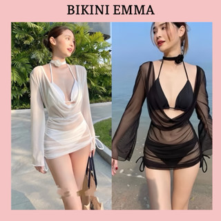 Bộ Bikini 4 Món Cổ Đổ EMMA Phong Cách Quyến Rũ Xuyên Thấu Gồm Tag Hoa + Áo Bikini + Quần Chip + Váy Lưới