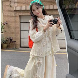 Set áo sơ mi phối gile ren vintage siêu xinh, áo sơ mi búp bê phối chân váy thêu hoa Hàn Quốc 925