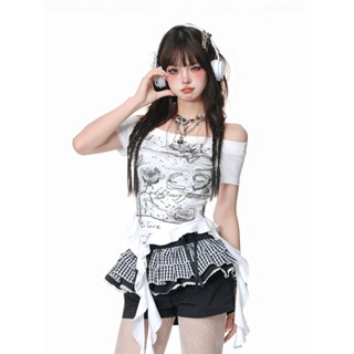 [ẢNH THẬT] SẴN Áo trễ vai thun ngắn tay style y2k ôm body tôn dáng có thiết kế dây dài cá tính Âu Mỹ đường phố sexy