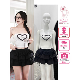 [ Sẵn - Hỏa Tốc ] Set Áo Ống Đính Đá Và Chân Váy Tầng Phối Ren Phong Cách Năng Động, Trẻ Trung