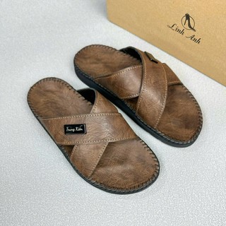 Dép lê, dép quai chéo nam da bò thật, logo khắc theo yêu cầu, đế cao su non mềm, quai khâu liền đế rất chắc chắn