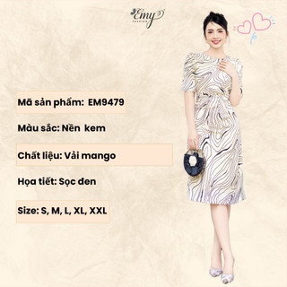 Đầm Body EMY Cao Cấp Trung Niên EM9479 Dáng Xòe Cổ Tròn Nhún Vai Trẻ Trung, Thiết Kế Dự Tiệc Vải Mango Vân Đen