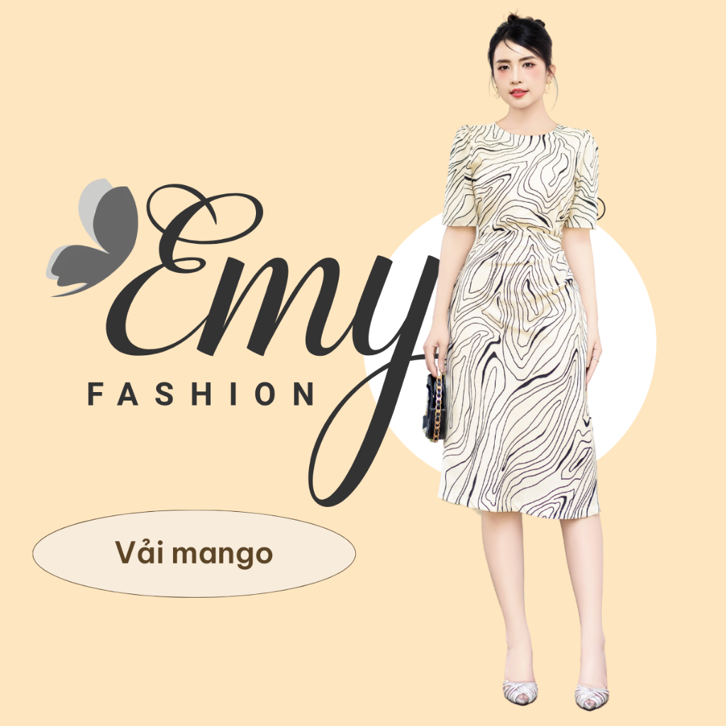 Đầm Body EMY Cao Cấp Trung Niên EM9479 Dáng Xòe Cổ Tròn Nhún Vai Trẻ Trung, Thiết Kế Dự Tiệc Vải Mango Vân Đen