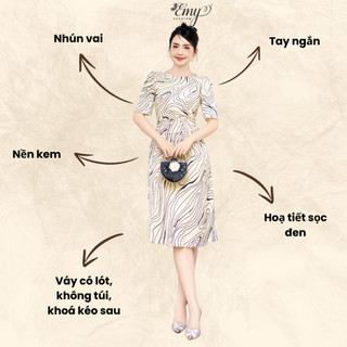 Đầm Body EMY Cao Cấp Trung Niên EM9479 Dáng Xòe Cổ Tròn Nhún Vai Trẻ Trung, Thiết Kế Dự Tiệc Vải Mango Vân Đen