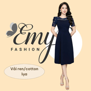 Đầm emy em7156 xoè xanh đen phối ren