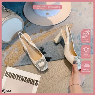 Giày cao gót nữ hà huyền da bóng đính đá gót vuông 8cm - cg1364