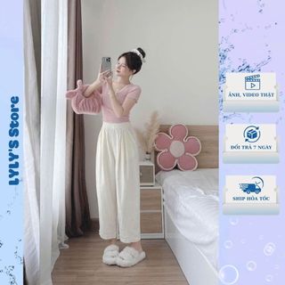  Set bộ áo thun nữ dài tay ngắn tay thiết kế ren viền cổ kèm quần đũi suông nhún bèo 