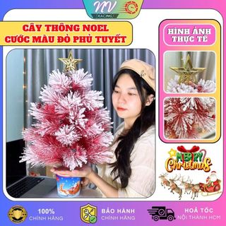 Cây thông noel mini để bàn cước màu đỏ phủ tuyết có trang trí decor trang trí giáng sinh noel vn