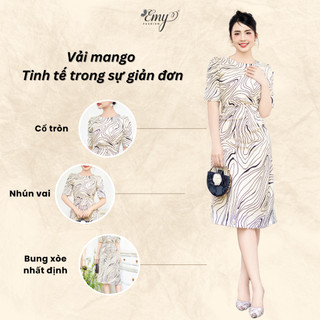 Đầm Body EMY Cao Cấp Trung Niên EM9479 Dáng Xòe Cổ Tròn Nhún Vai Trẻ Trung, Thiết Kế Dự Tiệc Vải Mango Vân Đen