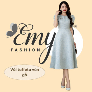 Đầm công sở emy cao cấp thời trang trung niên dáng xòe cổ tròn tay ngắn, thiết kế dự tiệc vải tafta nền xanh em7531