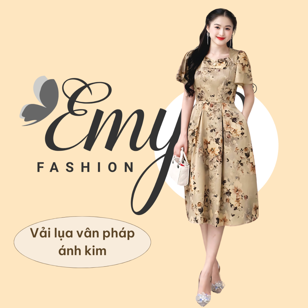Đầm Công Sở EMY Cao Cấp Trung Niên Dáng Xoè Cổ Lục Giác Tay Ngắn, Thiết Kế Dự Tiệc Hoa Lụa Vân Pháp EM7456
