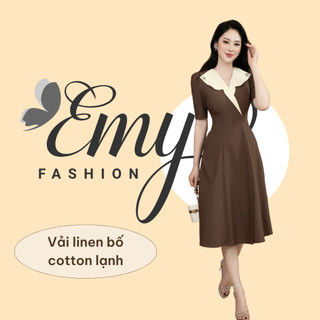 Đầm công sở emy cao cấp trung niên dáng xòe cổ v đắp tay lỡ, thiết kế nâu trơn dự tiệc thanh lịch em7041