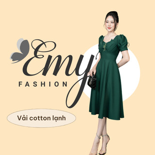 Đầm thiết kế emy thời trang cao cấp trung niên dáng xoè cổ lục giác tay phồng, thanh lịch dự tiệc vải cotton lạnh em7216