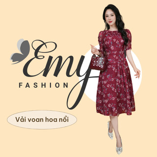 Đầm công sở emy thiết kế dự tiệc cao cấp trung niên dáng xoè cổ tròn vải voan hoa nổi đỏ đô có túi em7096