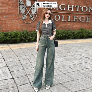 Quần jeans nữ Twentyfive ống suông rộng cạp cao tôn dáng đỉa may chéo 5502