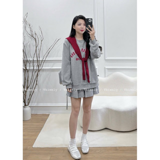    Ảnh thật   2329 set 3 món nỉ mỏng áo hoodie kèm khăn và chân váy xếp ly lưng chun lót quần 