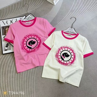 Áo thun nữ tay ngắn cổ tròn viền màu in hình chó sao hồng hàng Quảng Châu, áo phông mùa hè form vừa chất cotton 244196