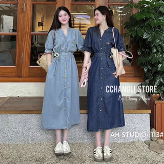 Váy jean mềm thêu mac da cổ trụ kèm đai