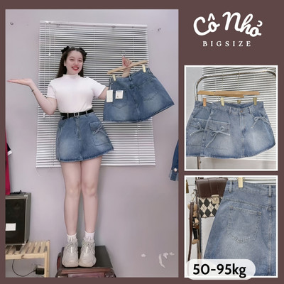 Chân Váy Bigsize Nữ Chữ A Có Quần Bảo Hộ Nơ Hai Bên Túi Dễ Thương Vải Denim CV403
