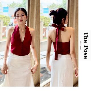  ÁO CỔ YẾM CỘT NƠ CROPTOP ÁO YẾM NÚT BỌC HỞ LƯNG SEXY - CÓ MÚT CHẤT LINEN Hàng May 2 Lớp Có 3 Size S M L - THE POSE 