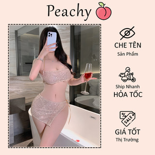  Set đồ ngủ nữ đính đá lấp lánh siêu xinh sang chảnh váy ôm cột dây kèm áo cổ yếm gợi cảm PEACHY P238 