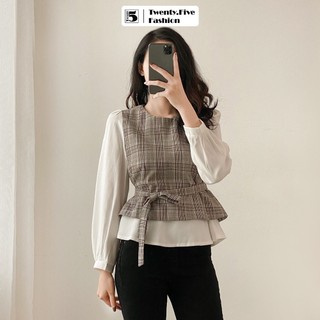 Áo sơ mi kiểu nữ công sở cổ tròn phối tay tùng dưới dây thắt eo Twentyfive N192