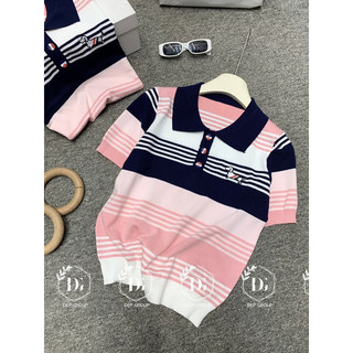 Áo len polo kẻ đen hồng