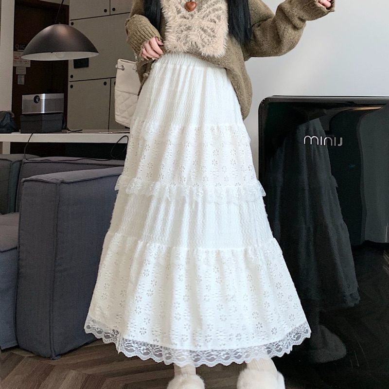 【Ảnh thật shop hàng QC】Chân váy midi màu be hoạ tiết ren 3 tầng hoa lá, Chân váy midi be nữ dáng dài