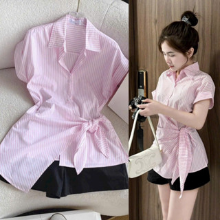 Set bộ đi chơi thời trang nữ chất áo lụa sọc cổ sơ mi đính nút tay ngắn cột dây eo quần kaki lưng thun ống đứng dài mini