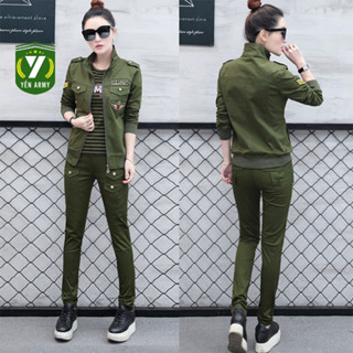 Bộ Quần Áo Khoác Kaki Nữ Túi Hộp Màu Xanh Rêu / Họa Tiết (Áo Khoác + Quần Dài + Tặng Dây Lưng)