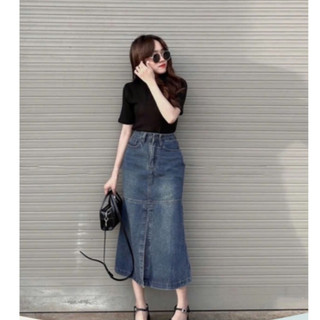 Chân váy bò đuôi cá sẻ dài - chân váy jeans đuôi cá xẻ trước thanh lịch