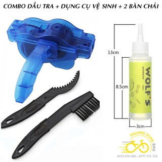 Combo dầu tra xích Wolf's, dụng cụ vệ sinh xích và 2 bàn chải chùi xích líp xe đạp