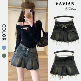 Chân váy jeans ngắn Xếp ly xòe, chân váy ngắn chất jean có quần trong xếp ly màu xanh bụi siêu xinh