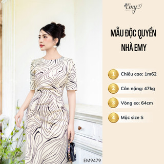 Đầm Body EMY Cao Cấp Trung Niên EM9479 Dáng Xòe Cổ Tròn Nhún Vai Trẻ Trung, Thiết Kế Dự Tiệc Vải Mango Vân Đen