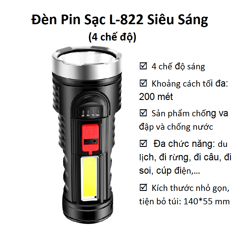 Đèn Pin Sạc L-822 Siêu Sáng tiện lợi cho việc đi du lịch, đi rừng, đi câu, đi soi