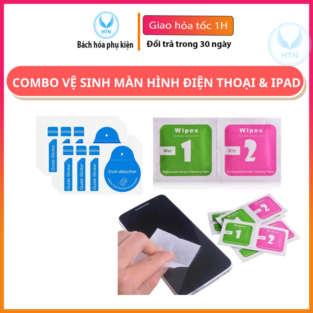 Combo Giấy Lau Màn Hình và Miếng Dán Lấy Bụi Khi Dán Cường Lực Điện Thoại