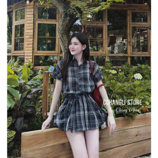 Đầm thời trang nữ dự tiệc sang trọng chất mango cổ sơ mi đính nút tay ngắn bo eo váy có kèm quần dáng xoè dài mini